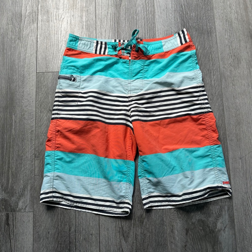 Patagonia Boys Wavefarer Board Shorts Size 16 Striped Orange Teal Drawstring